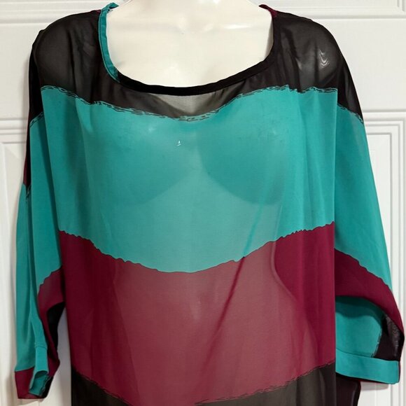 Allegra K Sheer Blouse 3/4 Sleeve Color block Feminine Chic High Low Sedona - Picture 1 of 5